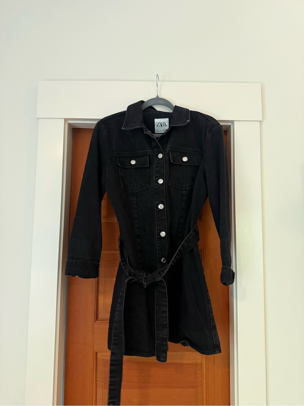 Zara Black Denim Shirt Dress with Waist Tie